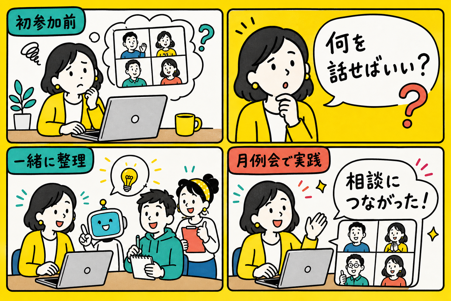 初参加の不安が勉強会の相談で整理される4コマ漫画