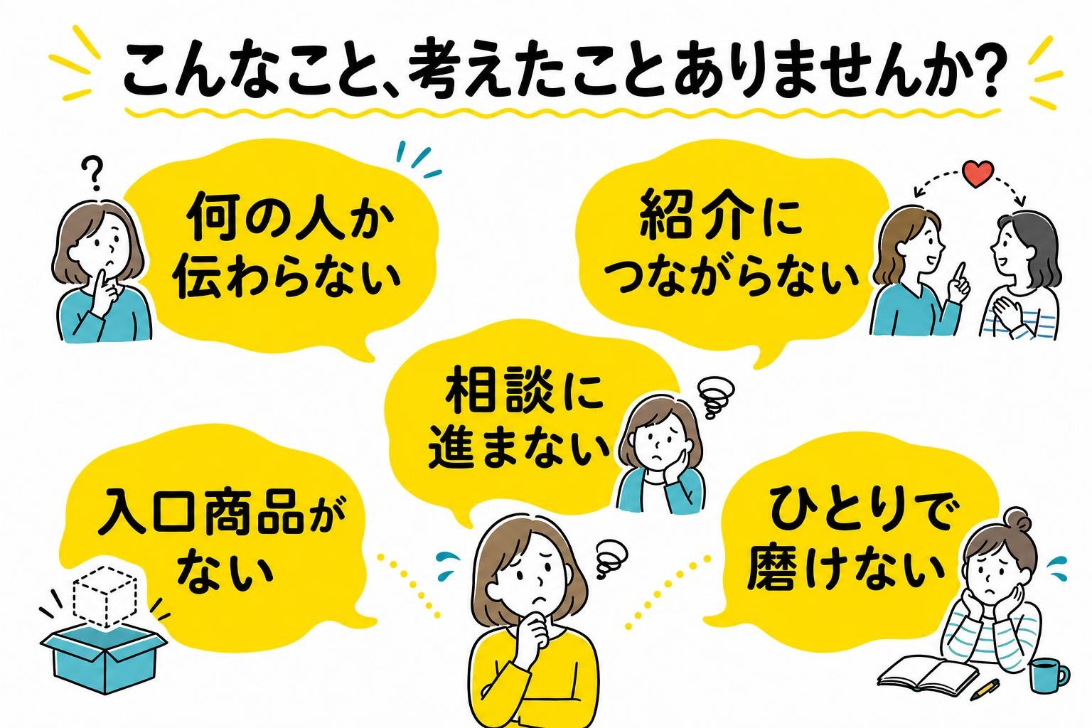 何の人か伝わらない、紹介につながらないなどの悩みを表す文字入り図解