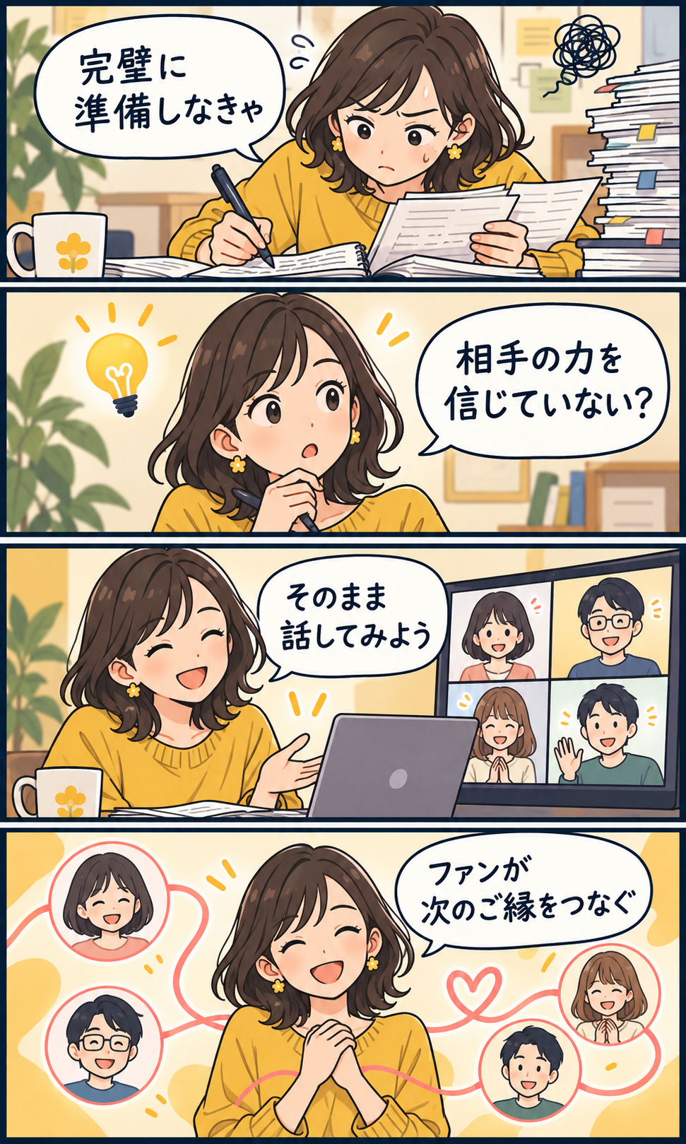 完璧に準備しようとする状態から、相手を信じて自然に話すまでを描いた4コマ漫画