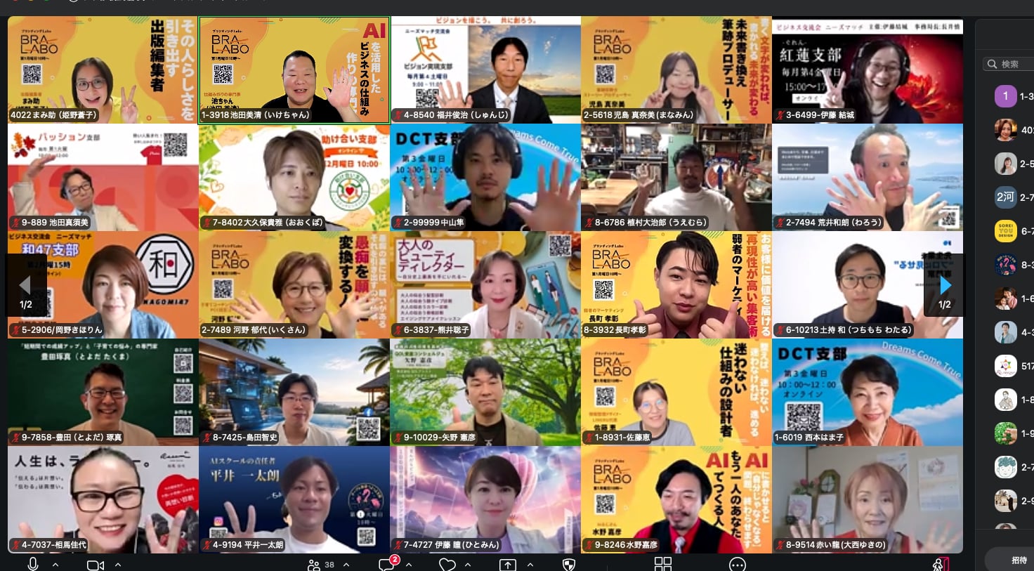 ブランディングLabo支部のオンライン交流会。参加者がそれぞれの仕事を伝える画面が並んでいる